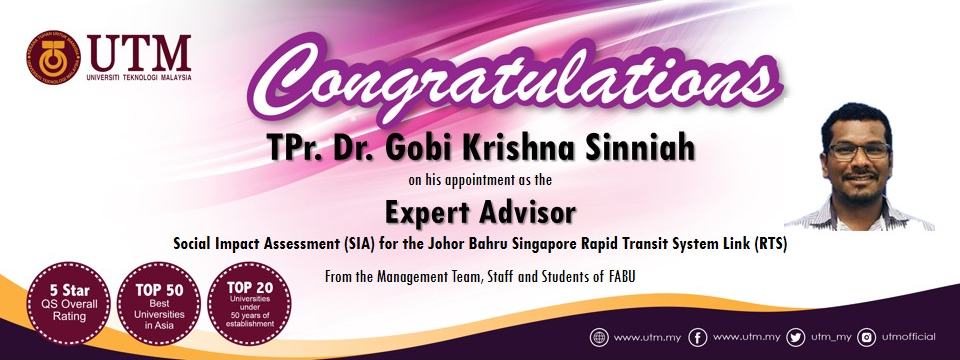 Tahniah kepada TPr. Dr. Gobi Krishna (Pensyarah Kanan Perancangan Bandar & Wilayah)