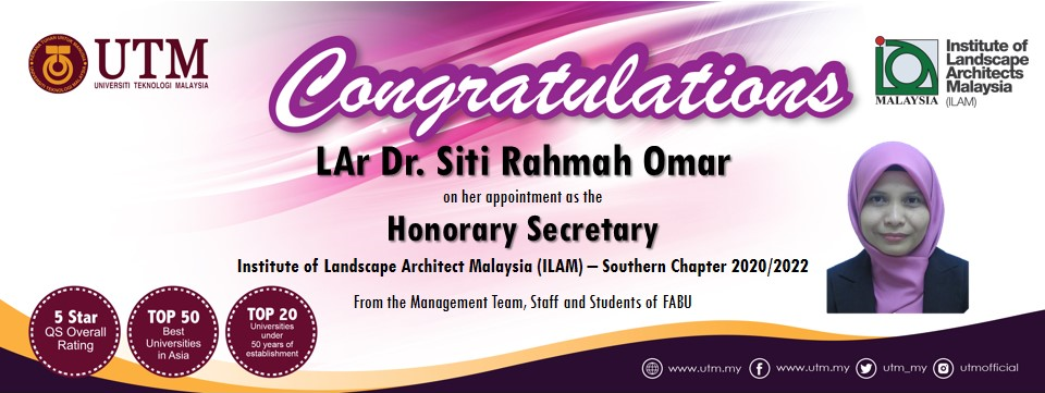 Tahniah kepada LAr Dr. Siti Rahmah Omar (Pensyarah Kanan – Senibina Landskap)