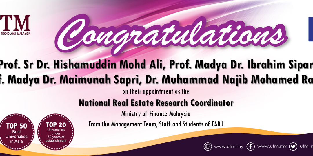 Tahniah kepada staf akademik FABU, Prof. Sr Dr. Hishamuddin Mohd Ali, PM Dr. Ibrahim Sipan, PM Dr. Maimunah Sapri dan Dr. Muhammad Najib Mohamed Razali