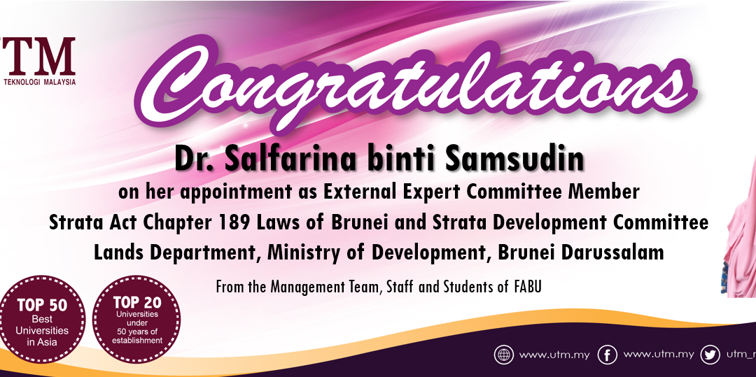 Tahniah kepada Dr. Salfarina Samsudin (Pensyarah Kanan Harta Tanah)