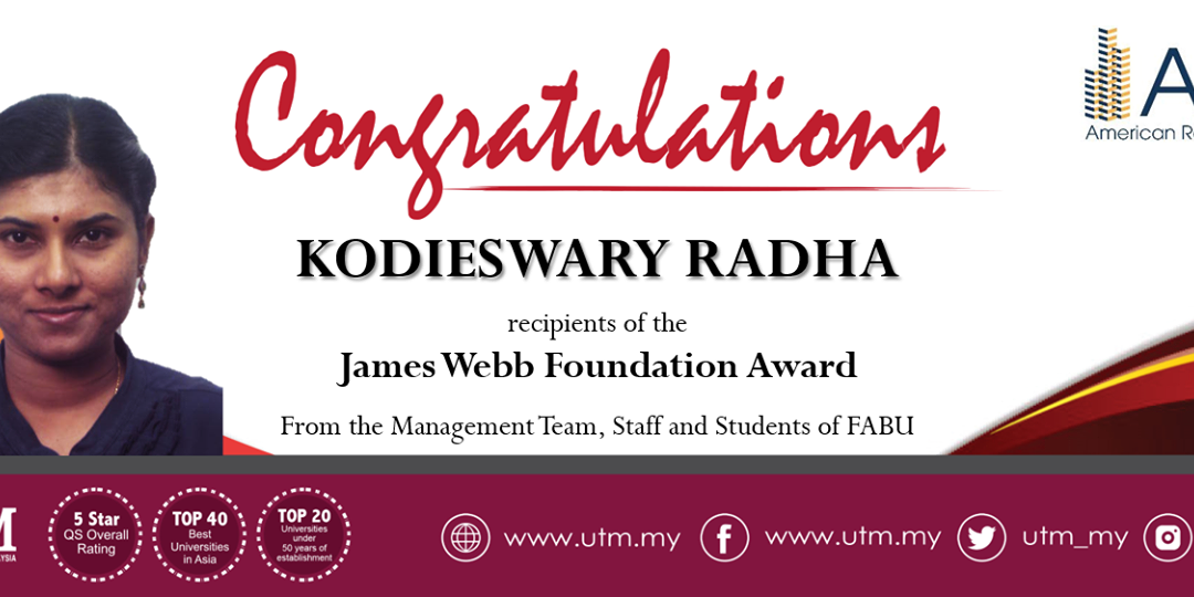 Congratulations to FABU PhD student, Kodieswary Radha (PhD- Real Estate)