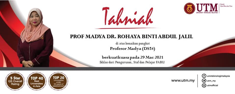 Tahniah kepada Prof. Madya Dr. Rohaya binti Abdul Jalil di atas kenaikan pangkat ke jawatan Profesor Madya Gred DS54