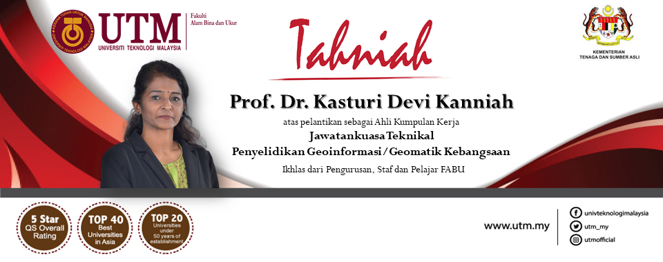 Tahniah kepada lapan orang staf akademik dari program Geoinformasi atas pelantikan sebagai Ahli Kumpulan Kerja, Jawatankuasa Teknikal Penyelidikan Geoinformasi/Geomatik Kebangsaan