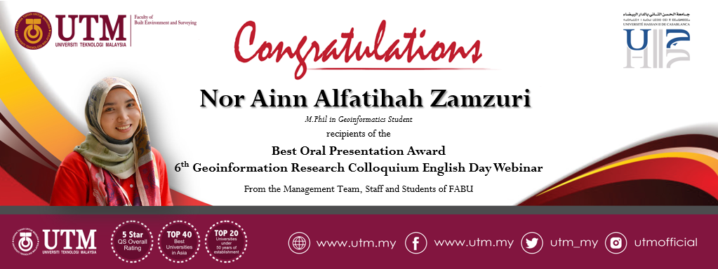 Tahniah diucapkan kepada Saudari Nor Ainn Alfatihah Zamzuri yang telah memperoleh kejayaan cemerlang dibawah penyeliaan Dr. Muhammad Imzan Hassan