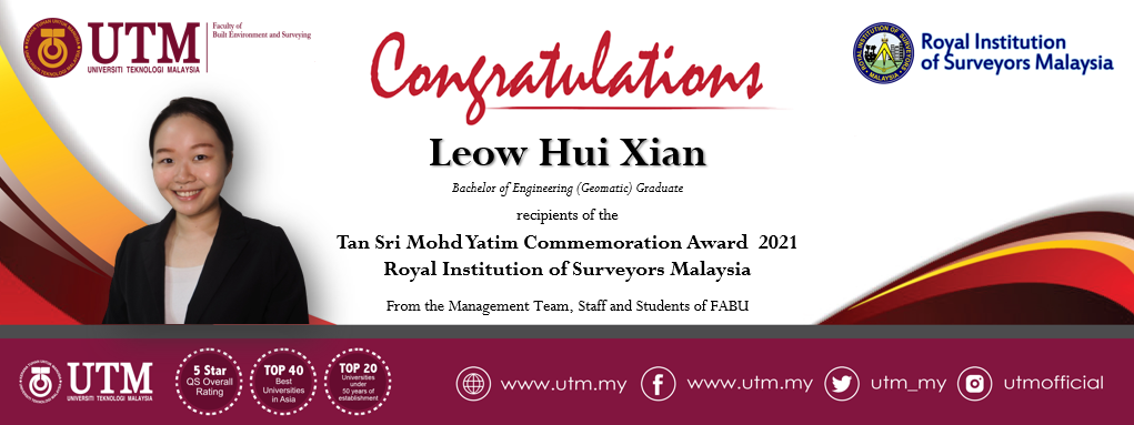 Congratulation to Ms. Leow Hui Xian, Geomatic Engineering Alumni