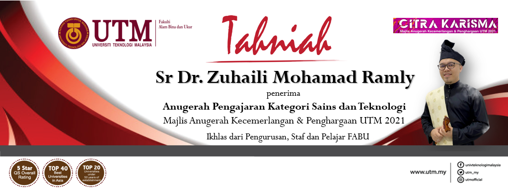 Tahniah kepada Sr Dr. Zuhaili Mohamad Ramly, Pensyarah Kanan (Ukur Bahan & Pembinaan) sebagai penerima Anugerah Pengajaran, Majlis Citra Karisma 2021