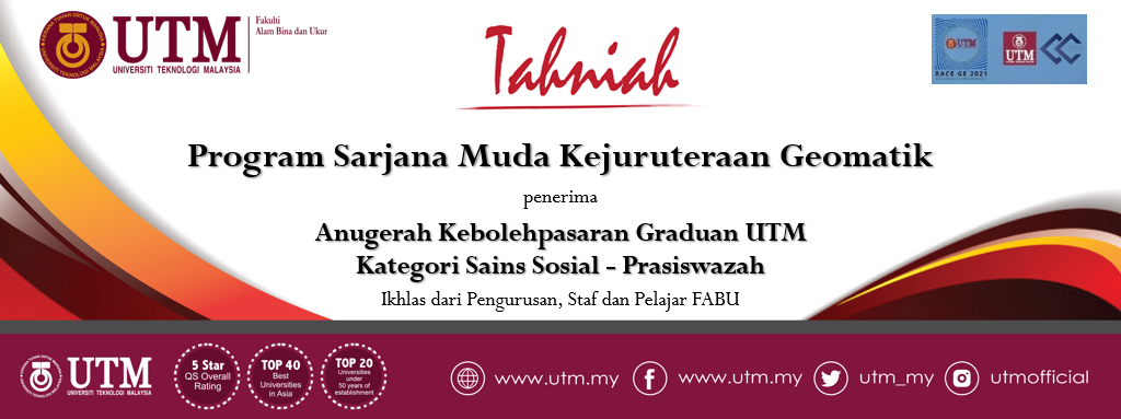 Tahniah kepada program Sarjana Muda Kejuruteraan Geomatik yang sebagai penerima anugerah bagi kategori program prasiswazah