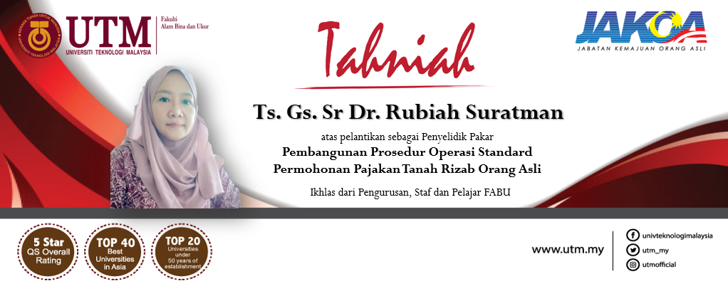 Setinggi-tinggi ucapan tahniah kepada Ts. Gs. Sr Dr. Rubiah Suratman dan Dr. Salfarina Samsudin, Pensyarah Kanan FABU atas pelantikan oleh Jabatan Kemajuan Orang Asli (JAKOA)