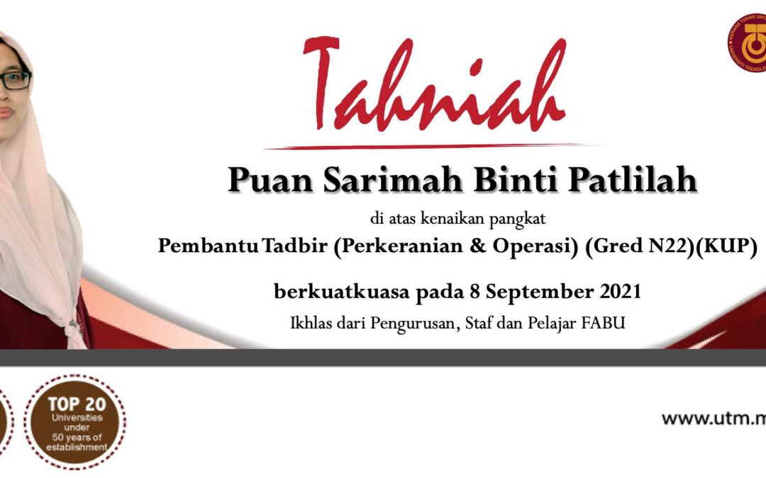 Tahniah Puan Sarimah binti Patlilalh atas kenaikan pangkat.