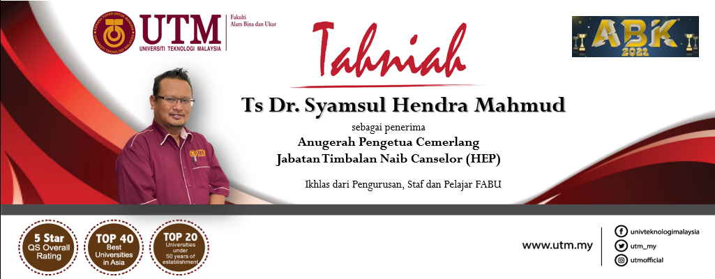 Tahniah diucapkan kepada Ts Dr. Syamsul Hendra Mahmud, pensyarah kanan (Ukur Bahan & Pembinaan) sebagai penerima Anugerah Pengetua Cemerlang, bersempena dengan Majlis Anugerah Budi Kencana, Jabatan Timbalan Naib Canselor (Hal Ehwal Pelajar)