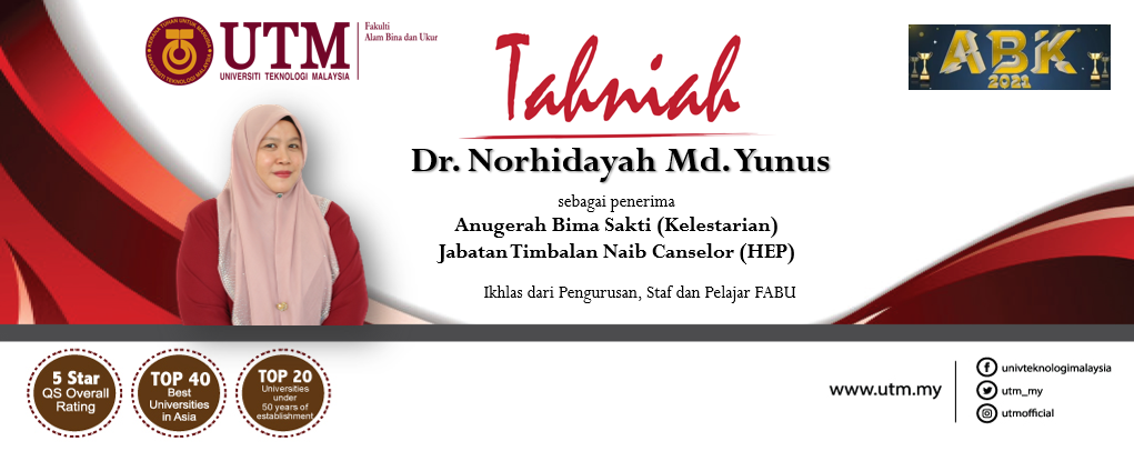 Tahniah diucapkan kepada Dr. Norhidayah Md. Yunus, Pensyarah Kanan (Harta Tanah) sebagai penerima Anugerah Bima Sakti (Kelestarian), bersempena dengan Majlis Anugerah Budi Kencana, Jabatan Timbalan Naib Canselor (Hal Ehwal Pelajar)