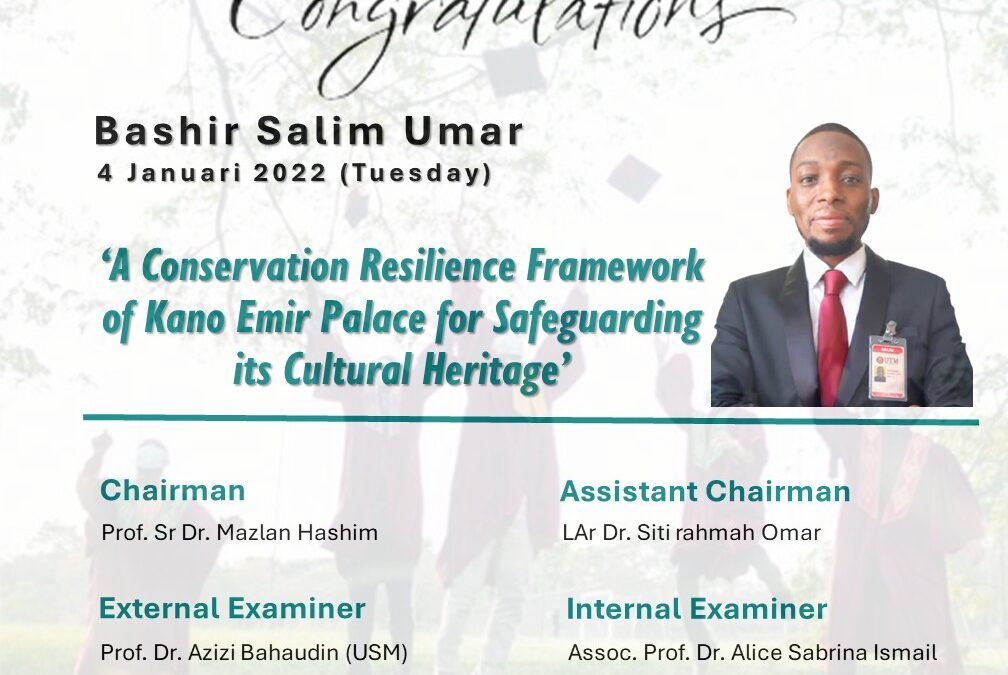 Congratulations to Bashir Salim Umar for successfully defending his PhD research entitled ‘A Conservation Resilience Framework of Kano Emir Palace for Safeguarding its Cultural Heritage’.