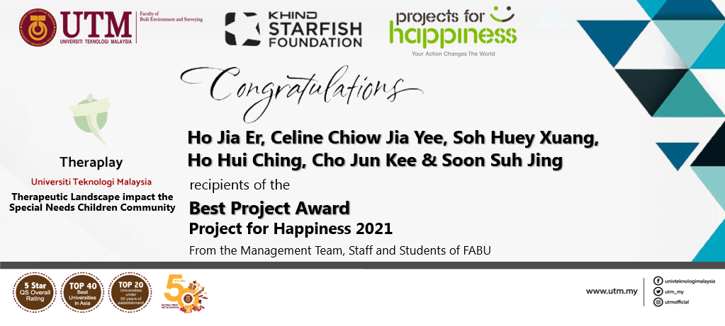 Tahniah kepada kumpulan pelajar Senibina Lanskap atas kejayaan memenangi Anugerah Projek Terbaik dalam pertandingan anjuran Khind Starfish Foundation.