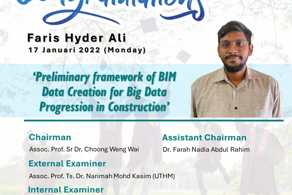Congratulations to Faris Hyder Ali for successfully defending his M.Phil research entitled ‘Preliminary framework of BIM Data Creation for Big Data Progression in Construction’.