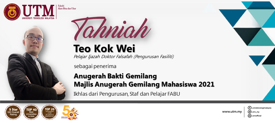 Seluruh warga FABU merakamkan ucapan tahniah kepada Saudara Teo Kok Wei, pelajar Ijazah Doktor Falsafah (Pengurusan Fasiliti) atas kejayaan berganda dalam Majlis Anugerah Gemilang Mahasiswa 2021, anjuran Jabatan Timbalan Naib Canselor (Hal Ehwal Pelajar).