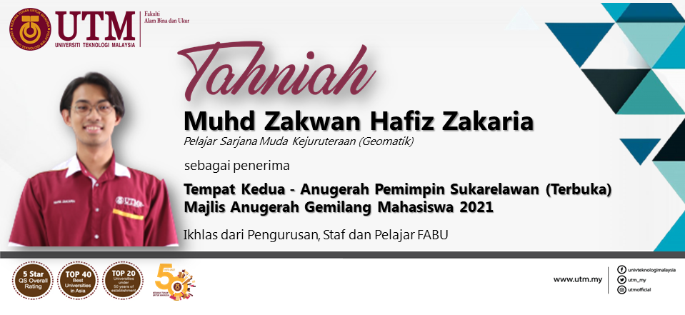 Tahniah Saudara Muhd Zakwan Hafiz Zakaria, pelajar Sarjana Muda Kejuruteraan (Geomatik) dalam Majlis Anugerah Gemilang Mahasiswa 2021, anjuran Jabatan Timbalan Naib Canselor (Hal Ehwal Pelajar).