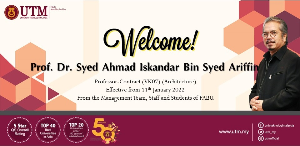 Selamat kembali diucapkan kepada Prof. Dr. Syed Ahmad Iskandar Bin Syed Ariffin yang telah memulakan perkhidmatan kontrak beliau bermula 11 Januari 2022