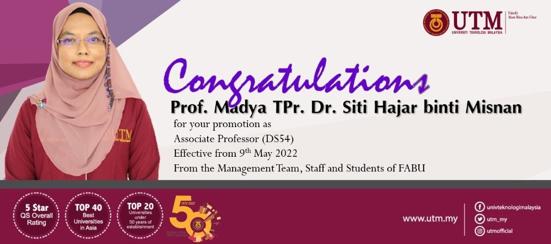 Tahniah diucapkan kepada Prof. Madya TPr. Dr. Siti Hajar binti Misnan atas kenaikan pangkat sebagai Professor Madya (DS54) bermula 9hb Mei 2022.