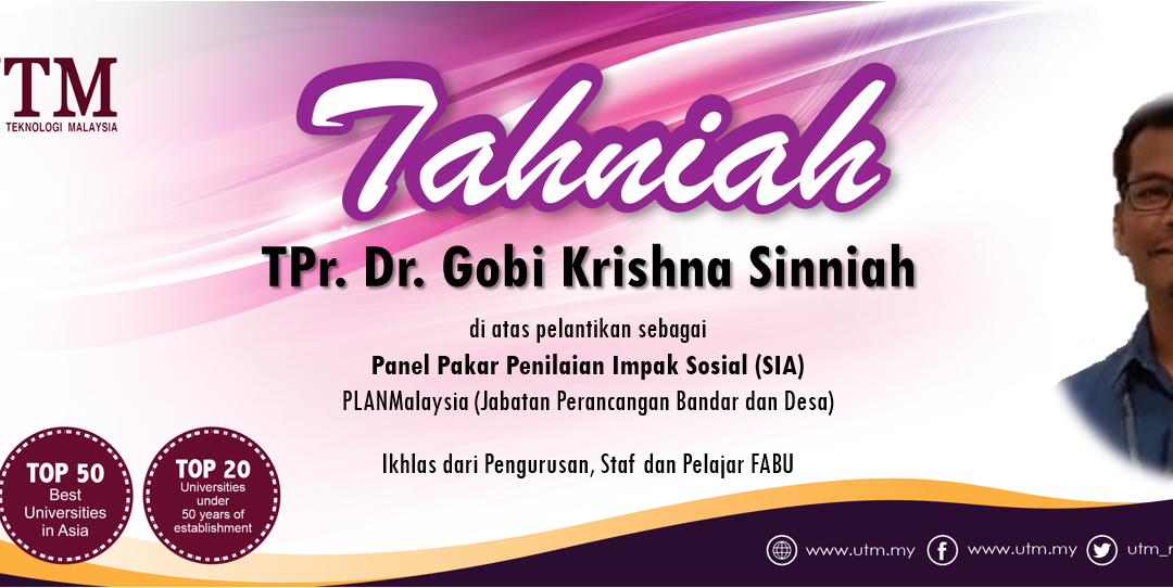 Tahniah kepada TPr. Dr. Gobi Krishna di atas perlantikan oleh PLANMalaysia (Jabatan Perancangan Bandar dan Desa)