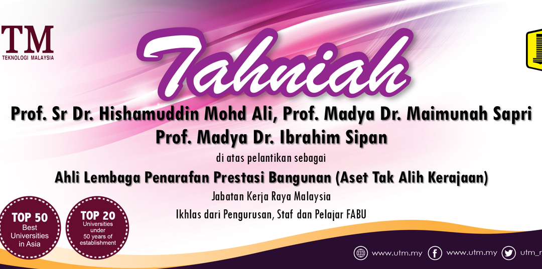 Tahniah kepada Prof. Sr Dr. Hishamuddin Mohd Ali, PM Dr. Maimunah Sapri dan PM Dr. Ibrahim Sipan, di atas pelantikan oleh Jabatan Kerja Raya Malaysia (JKR)
