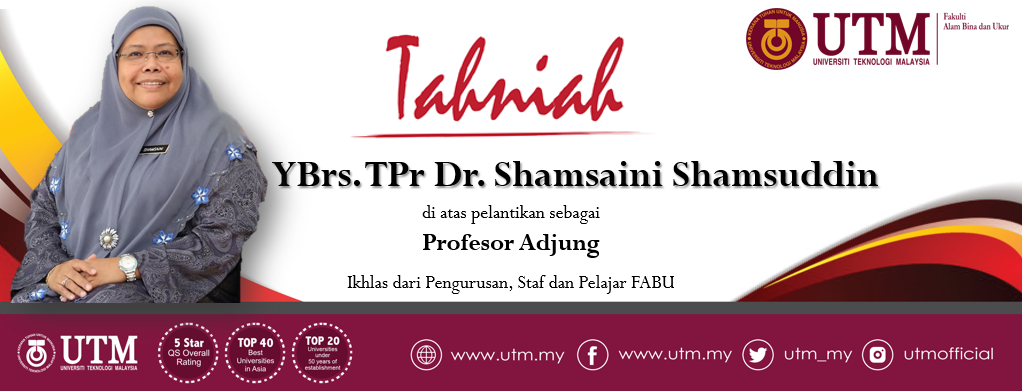 Tahniah kepada YBrs. TPr Dr. Shamsaini Shamsuddin, Ketua Pengarah PLANMalaysia di atas perlantikan sebagai Profesor Adjung