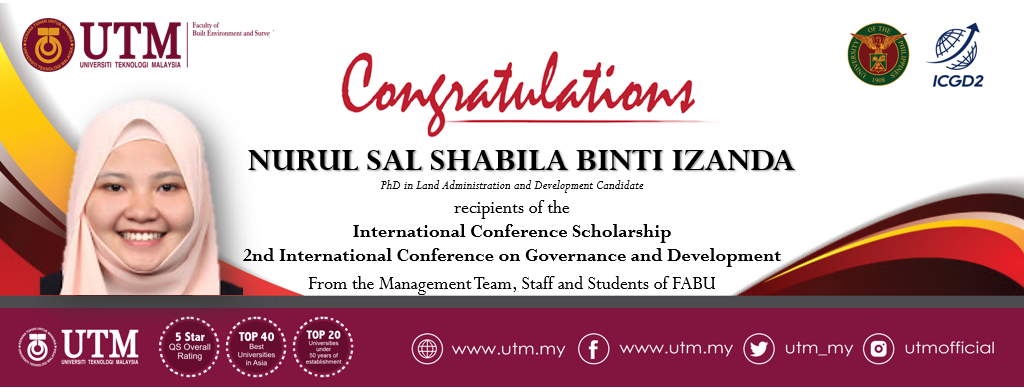 Tahniah kepada Saudari Nurul Sal Shabila binti Izanda diatas kejayaan memperoleh biasiswa bagi menyertai seminar antarabangsa anjuran University of The Philippines (UP)