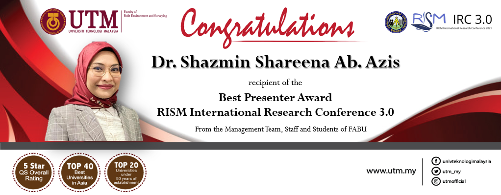 Warmest congratulations on your achievement Dr. Shazmin Shareena Ab. Azis, Senior Lecturer (Real Estate)