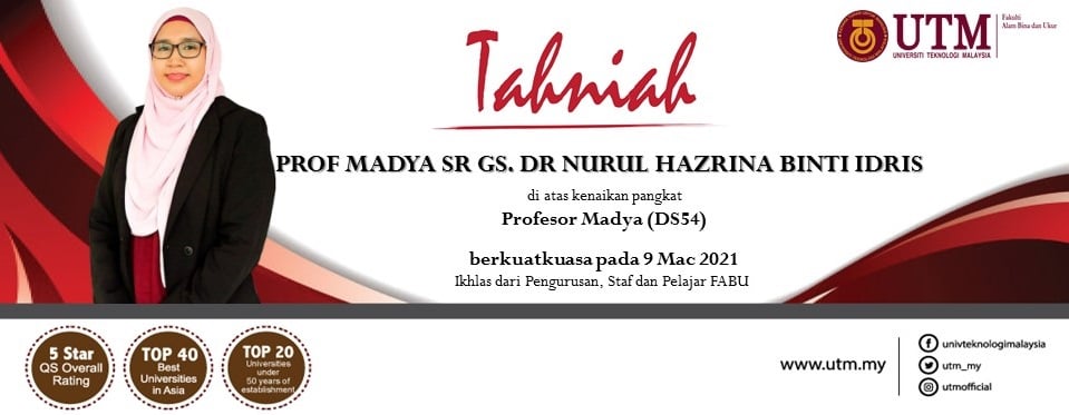 Tahniah kepada Prof. Madya Sr Gs. Dr. Nurul Hazrina Idris di atas kenaikan pangkat ke jawatan Profesor Madya Gred DS54