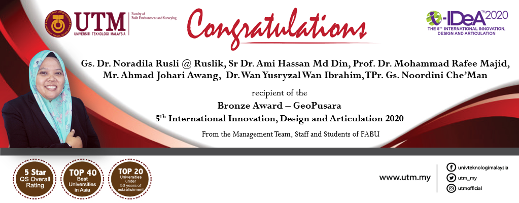 Congratulation to the research team, headed by Gs. Dr. Noradila Rusli @ Ruslik, Senior Lecturer (Urban & Regional Planning) for receiving the awards at i-IDeA™ 2020