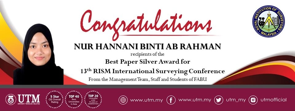 Congratulations to FABU student, Nur Hannani binti Ab Rahman (Bsc. Real Estate) on receiving Best Paper Silver Award