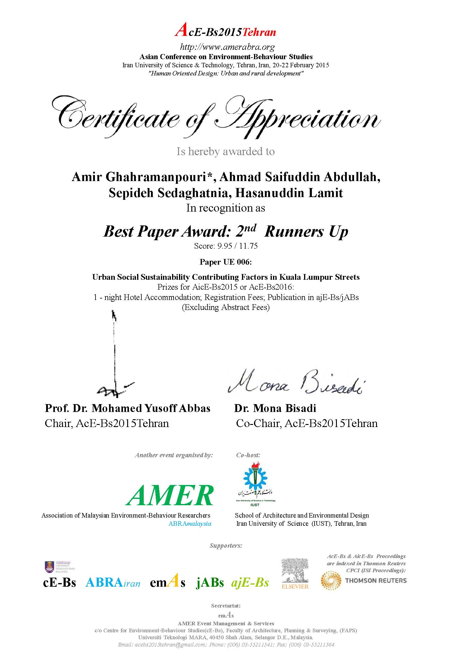 AcE-Bs2015Tehran-Best Paper Award