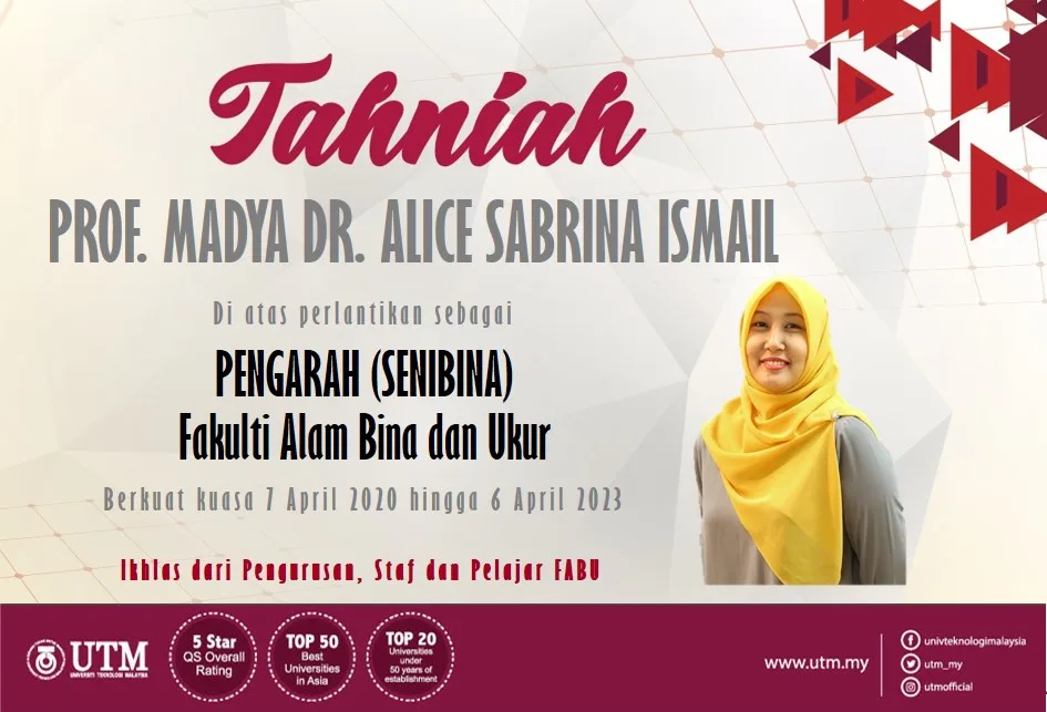 Congratulations to AP Dr. Alice Sabrina Ismail on her appointment as the Director (Architecture).