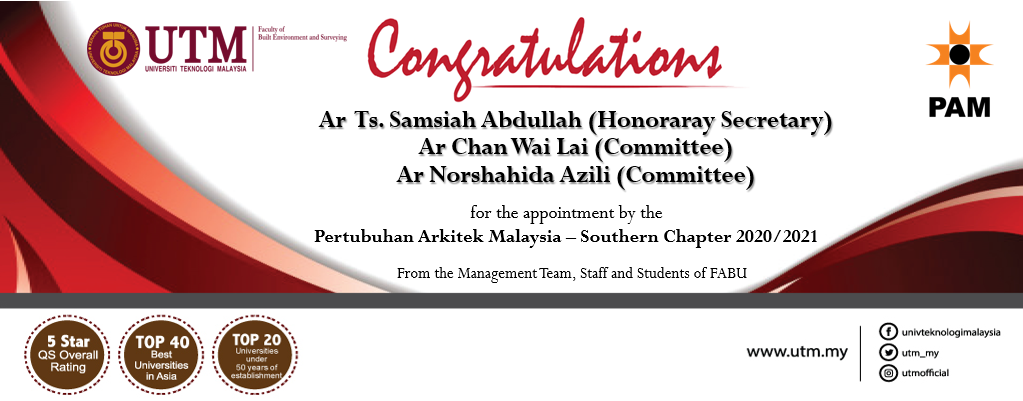 Tahniah kepada staf akademik Senibina di atas pelantikan oleh Pertubuhan Arkitek Malaysia