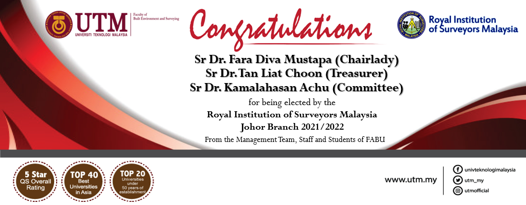Congratulations to Sr Dr. Fara Diva Mustapa, Sr Dr. Tan Liat Choon and Dr. Kamalahasan Achu for being elected by the Royal Institution of Surveyors Malaysia (RISM)