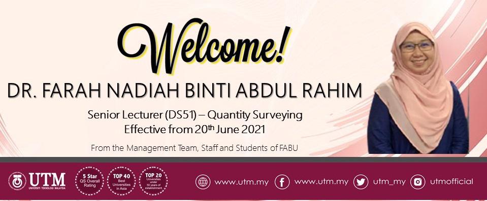 Selamat Datang Dr. Farah Nadiah binti Abdul Rahim ke Fabu