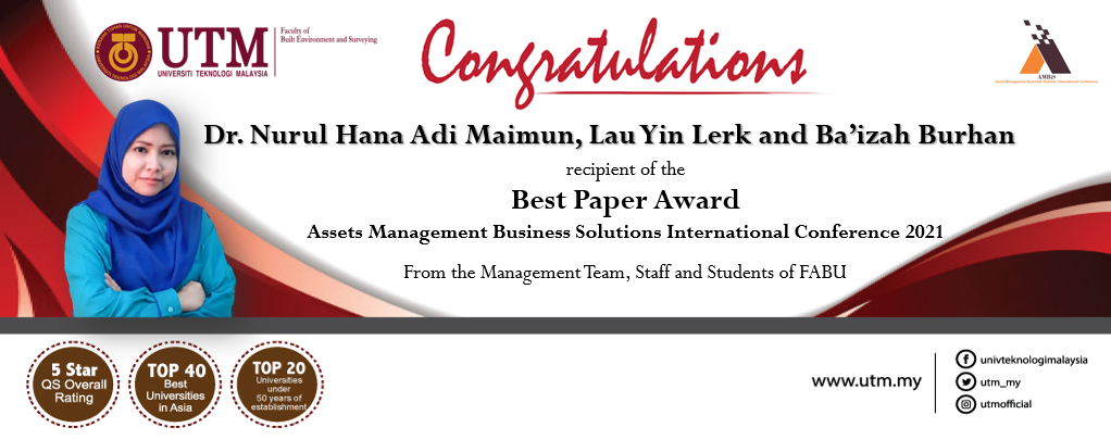 Congratulations to Dr. Nurul Hana Adi Maimun and her team for receiving the Best Paper Award in Assets Management Business Solutions International Conference 2021.