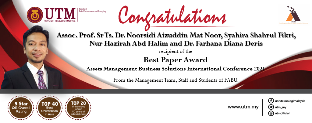 Congratulations to Assoc. Prof. Sr Ts. Dr. Noorsidi Aizuddin Mat Noor and his team for receiving the Best Paper Award in Assets Management Business Solutions International Conference 2021.