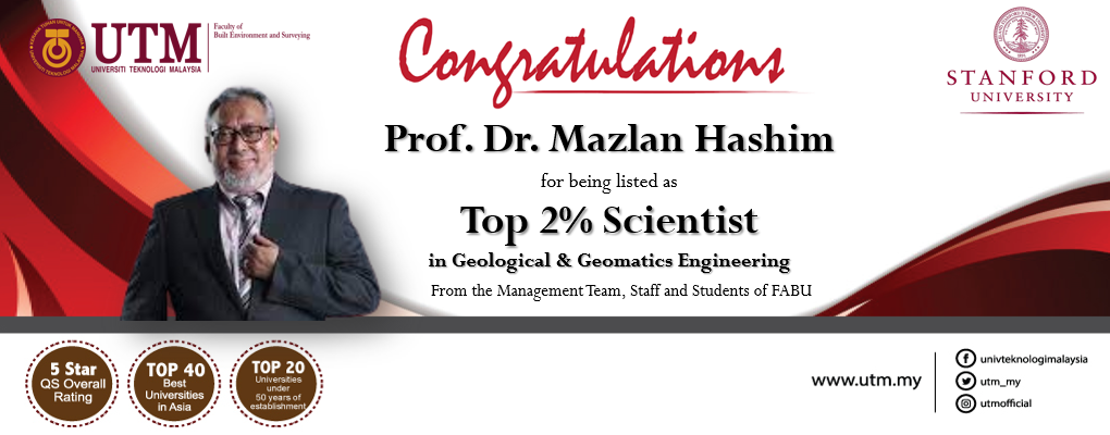 Congratulations to Prof. Dr. Mazlan Hashim and Prof. Ts. Dr. Kasturi Dewi Kanniah are listed as Top 2% Scientist in Geological & Geomatics Engineering based on the list published by Stanford University.
