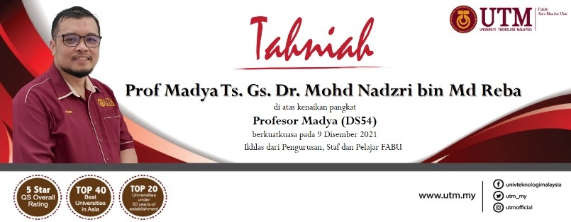 Tahniah diucapkan kepada  Prof Madya Ts. Gs. Dr. Mohd Nadzri bin Md Reba atas kenaikan pangkat ke dalam jawatan Profesor Madya (DS54) bermula 9 Disember 2021.