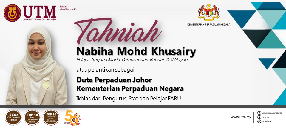 Tahniah kepada Saudari Nabiha Mohd Khusairy, pelajar Sarjana Muda Perancangan Bandar dan Wilayah atas pelantikan oleh Kementerian Perpaduan Negara.