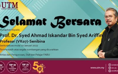 Selamat bersara diucapkan kepada Prof. Dr. Syed Ahmad Iskandar Bin Syed Ariffin bermula 10 Januari 2022. Terima kasih atas segala sumbangan yang diberikan sepanjang bersama kami.