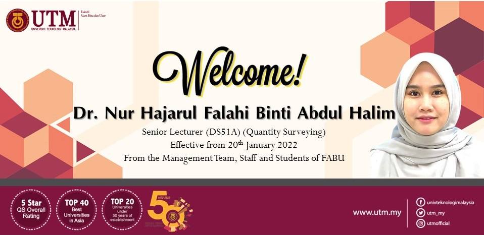 Selamat datang diucapkan kepada Dr Hajarul Falahi binti Abdul Halim yang baharu melapor diri bermula 20hb Januari 2022