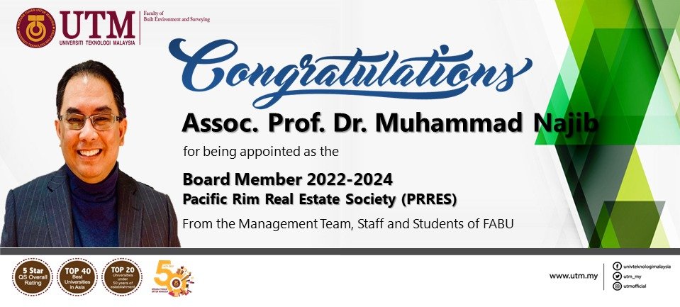 Heartiest congratulation to Assoc. Prof. Dr. Muhammad Najib on his appointment as the Board Member 2022-2024 by the Pacific Rim Real Estate Society (PRRES)