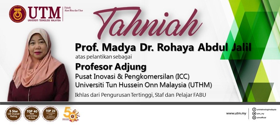 Tahniah kepada Prof. Madya Dr. Rohaya Abdul Jalil atas pelantikan sebagai Profesor Adjung Pusat Inovasi & Pengkomersilan (ICC), Universiti Tun Hussein Onn Malaysia (UTHM)