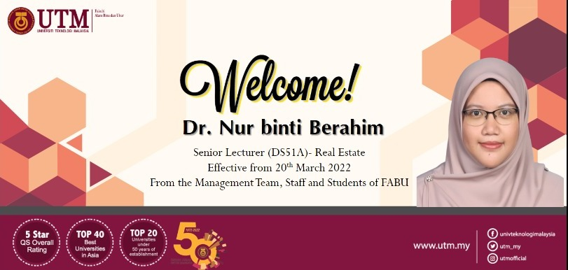 Selamat datang di ucapkan kepada Dr. Nur binti Berahim yang telah melapor diri pada di FABU bermula 20 Mac 2022.