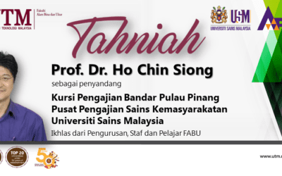 Warga Fakulti Alam Bina dan Ukur (FABU) amat berbangga dengan pengiktirafan kepada Prof. Dr. Ho Chin Siong dari bidang Perancangan Bandar dan Wilayah sebagai penyandang Kursi Pengajian Bandar Pulau Pinang, Pusat Pengajian Sains Kemasyarakatan, Universiti Sains Malaysia.