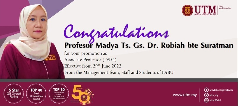 Tahniah diucapkan kepada Profesor Madya Ts. Gs. Dr. Robiah bte Suratman atas kenaikan pangkat sebagai Professor Madya (DS54) bermula 29hb Jun 2022.  Teruskan kecemerlangan ini. #FABULous