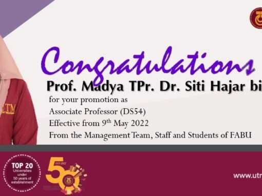 Tahniah diucapkan kepada Prof. Madya TPr. Dr. Siti Hajar binti Misnan atas kenaikan pangkat sebagai Professor Madya (DS54) bermula 9hb Mei 2022.